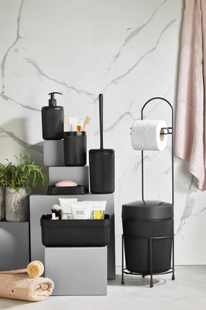 7 Parça Siyah Banyo Seti Metal Stantlı Kovalı Wc Kağıtlık Kozmetik Kutusu D
