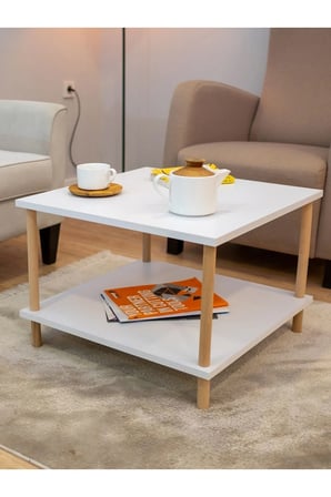 Ahşap Ayaklı Kare Orta Sehpa Iki Raflı Gazetelikli Beyaz 60cm X 60cm
