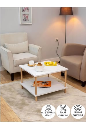 Ahşap Ayaklı Kare Orta Sehpa Iki Raflı Gazetelikli Beyaz 60cm X 60cm