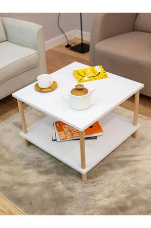 Ahşap Ayaklı Kare Orta Sehpa Iki Raflı Gazetelikli Beyaz 60cm X 60cm