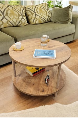 Ahşap Ayaklı Yuvarlak Orta Sehpa Iki Raflı Gazetelikli Çam 60cm