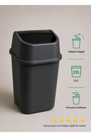 Antrasit Sallanır Kapaklı Geniş Çöp Kovası 22 L - Ev Ofis Mutfak İçin Büyük