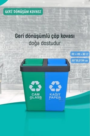 Geri Dönüşüm Kutusu Cam Kağıt Geri Dönüşüm Kovası Yeşil Mavi 80 Litre