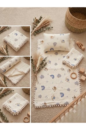 Bebek Alt Açma Minderi Müslin Pikeli 3 lü Set Minder Battaniye Yastık,Bebek