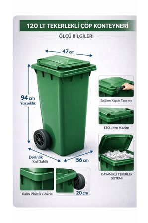 1 adet 120 Lt Tekerlekli Çöp Konteyneri Yeşil Plastik Çöp Kovası Bahçe site