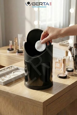 Masaüstü Sallanır Kapak Çöp Kovası Metal Siyah Makyaj Masası Çöp Kovası Ofi
