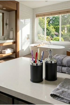 4'lü Banyo Seti Siyah 3 Litre Çöp Kovası WC Fırçası Sıvı Sabunluk Diş Fırça