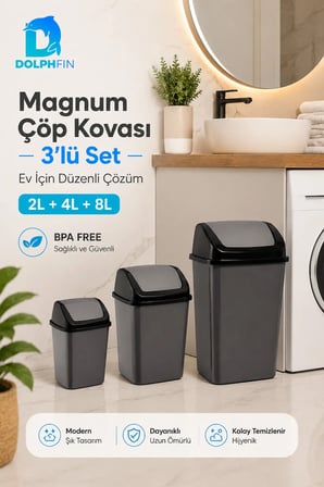 Magnum 3’lü Sallanır Kapaklı Çöp Kovası Seti 2 L 4 L 8 L Banyo Mutfak Antra