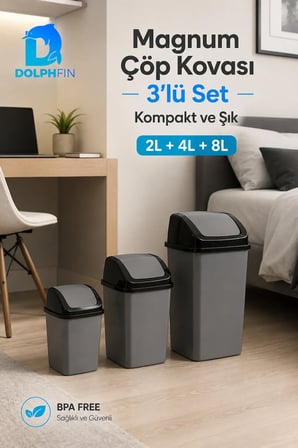 Magnum 3’lü Sallanır Kapaklı Çöp Kovası Seti 2 L 4 L 8 L Banyo Mutfak Antra