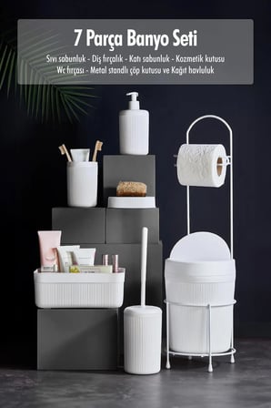 7 Parça Beyaz Banyo Seti Metal Stantlı Kovalı Wc Kağıtlık