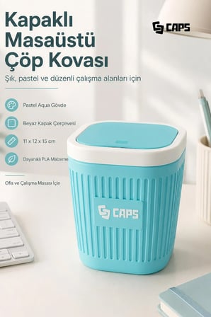 Kapaklı Masaüstü Çöp Kovası Pastel Aqua Beyaz – Ofis ve Çalışma Masası İçin