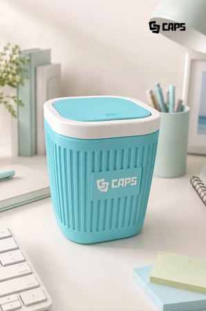 Kapaklı Masaüstü Çöp Kovası Pastel Aqua Beyaz – Ofis ve Çalışma Masası İçin