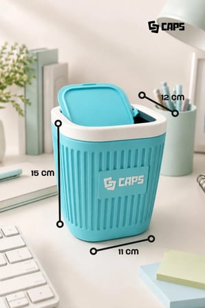 Kapaklı Masaüstü Çöp Kovası Pastel Aqua Beyaz – Ofis ve Çalışma Masası İçin