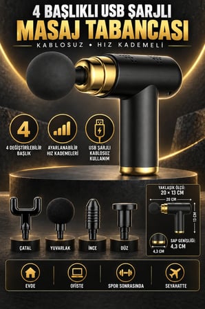 Kablosuz USB Masaj Tabancası, Ayarlanabilir Hız, 4 Başlık, Rahatlatıcı Kullanım