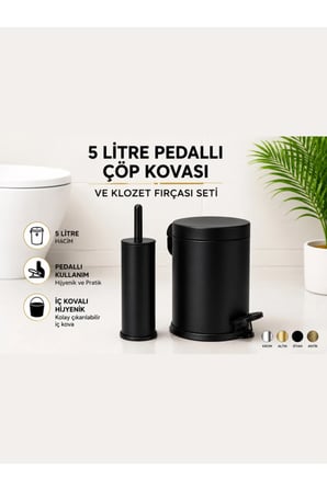 5 Litre Pedallı Çöp Kovası ve Klozet Fırçası Seti Paslanmaz Çelik İç Kovalı