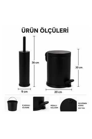 5 Litre Pedallı Çöp Kovası ve Klozet Fırçası Seti Paslanmaz Çelik İç Kovalı