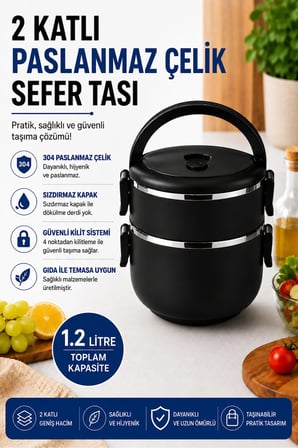 2 Katlı 1.2 Litre Paslanmaz Çelik Sızdırmaz Kapaklı Yemek Taşıma Kabı