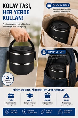 2 Katlı 1.2 Litre Paslanmaz Çelik Sızdırmaz Kapaklı Yemek Taşıma Kabı