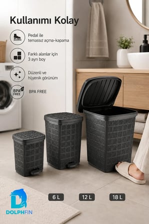 Jute 3’lü Pedallı Çöp Kovası Seti Kapaklı Büyük Boy Plastik Banyo Mutfak Of