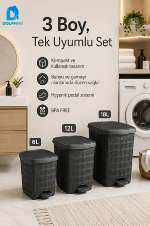 Jute 3’lü Pedallı Çöp Kovası Seti Kapaklı Büyük Boy Plastik Banyo Mutfak Of