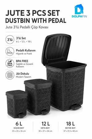 Jute 3’lü Pedallı Çöp Kovası Seti Kapaklı Büyük Boy Plastik Banyo Mutfak Of