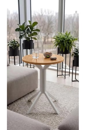 Yıldız Yuvarlak Çam 50 cm Balkon Masası Yan Sehpa Beyaz Ayak