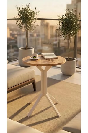 Yıldız Yuvarlak Çam 50 cm Balkon Masası Yan Sehpa Beyaz Ayak