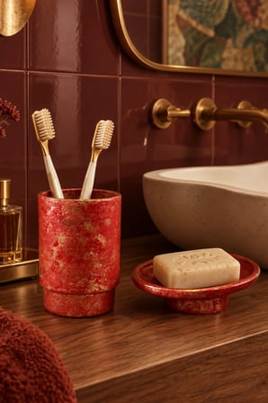 Özel Dokulu Cam Banyo Seti Diş Fırçalık Sabunluk 2’li