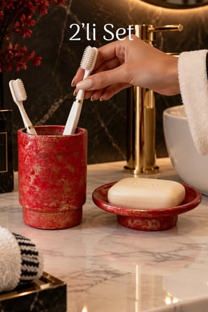 Özel Dokulu Cam Banyo Seti Diş Fırçalık Sabunluk 2’li