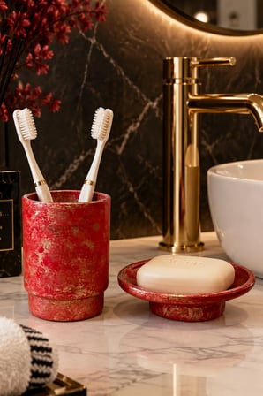 Özel Dokulu Cam Banyo Seti Diş Fırçalık Sabunluk 2’li
