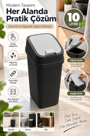 10 Litre Çift Yönlü Açılır Kapaklı Çöp Kovası – Mutfak, Banyo ve Ofis İçin