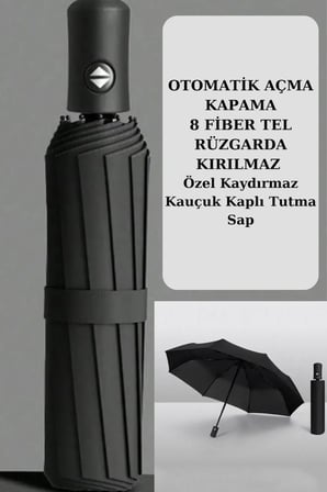 Tam Otomatik Çanta Boy Siyah Rüzgarda Kırılmayan Şemsiye