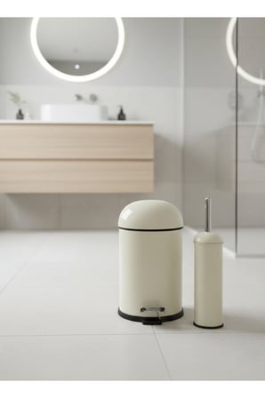 Metal Bon Kapak Banyo Seti Amörtisörlü 5 LT Krem Çöp Kovası Tuvalet Fırçası
