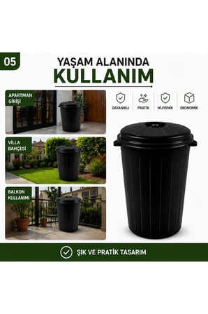 2'li 50 Litre Kapaklı Çöp Kovası Siyah | Büyük Boy Plastik Çöp Kovası | Day