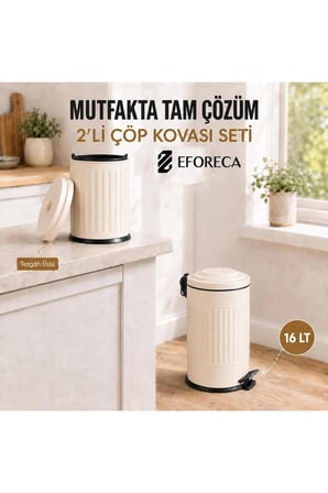 2’li Mutfak Çöp Kovası Seti – Pedallı Büyük Boy & Tezgah Üstü Mini Kova Kre