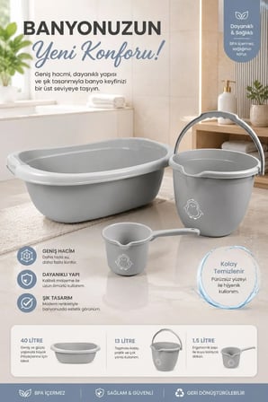 3’lü Bebek Banyo Seti - Bebek Yıkama Küveti - Su Kovası - Maşrapa - D3-YEŞİ