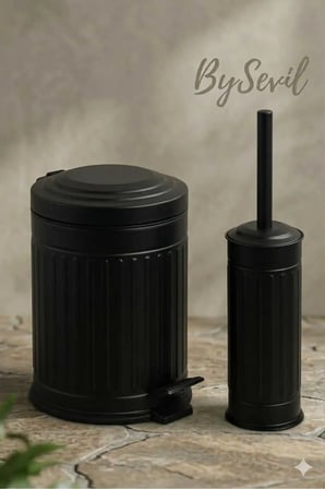 Vintage 2 Li Çöp Kovası Çöp Kutusu Banyo Seti Çizgili Model Siyah 5 Litre V