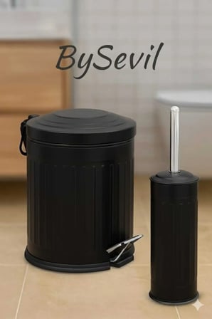 Vintage 2 Li Çöp Kovası Çöp Kutusu Banyo Seti Çizgili Model Siyah 5 Litre V