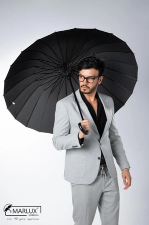 Siyah Baston Fiber Tel Hakiki Deri Saplı Şemsiye