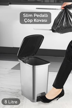 8 Litre Pedallı Gri Banyo Mutfak Çöp Kovası Siyah Kapaklı Slim Pedallı Çöp