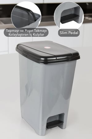 8 Litre Pedallı Gri Banyo Mutfak Çöp Kovası Siyah Kapaklı Slim Pedallı Çöp