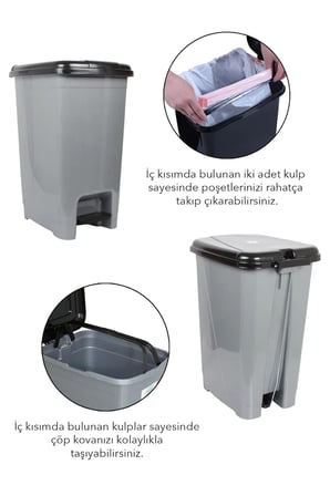 8 Litre Pedallı Gri Banyo Mutfak Çöp Kovası Siyah Kapaklı Slim Pedallı Çöp