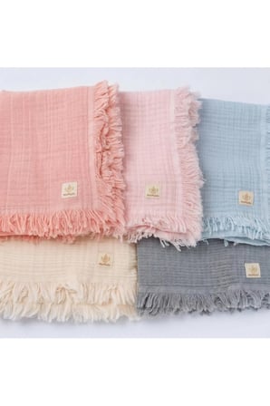 %100 Pamuk Pudra Pembe 4 Katlı Müslin Püsküllü Battaniye 115x95cm Oeko-Tex