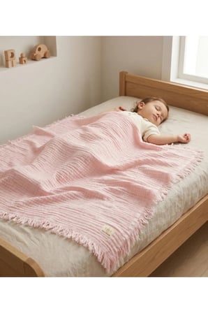 %100 Pamuk Pudra Pembe 4 Katlı Müslin Püsküllü Battaniye 115x95cm Oeko-Tex