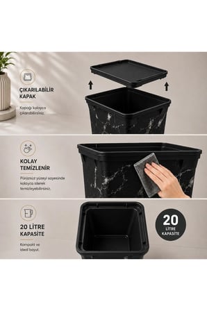 Sİyah  Marble Çöp Kovası 20 l