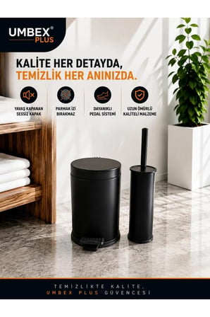 3 LT SIYAH METAL PASLANMAZ ÇÖP KOVASI WC FIRCASI ÇÖP KUTUSU PEDALLI