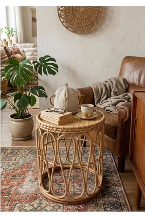 Gerçek Rattan Bambu Yan Sehpa 41 cm El Yapımı Bohem 55 cm