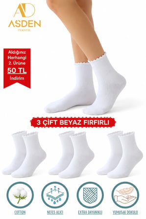 Pamuklu Kadın Lastiksiz FIRFIRLI Soket Dikişsiz Çorap 3'lü / İz Bırakmaz / Sıkmayan Çorap 35-40