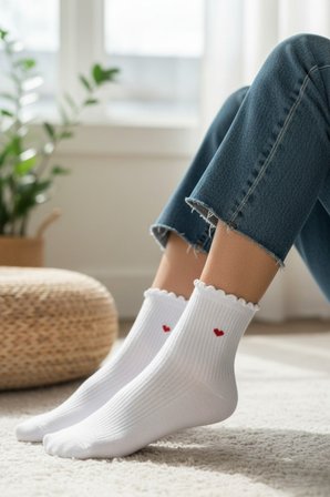 Pamuklu Kadın Lastiksiz Beyaz FIRFIRLI Soket Dikişsiz Çorap 3'lü / İz Bırakmaz / Sıkmayan Çorap