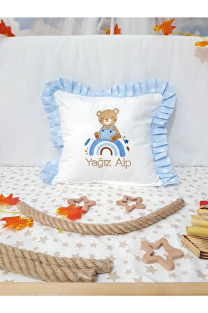 Fırfırlı Kırlent Bebek İsimli 40x40 cm Nakışlı Takı Yastığı İçi Dolgulu H10